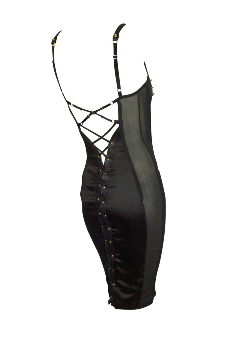 lola 'n' leather silk contour corset back dress. Lola 'n' Leather Silk Satin and Leather Convertible Strap corset back Contour Dress, 1950's vintage corselette shapewear inspired
