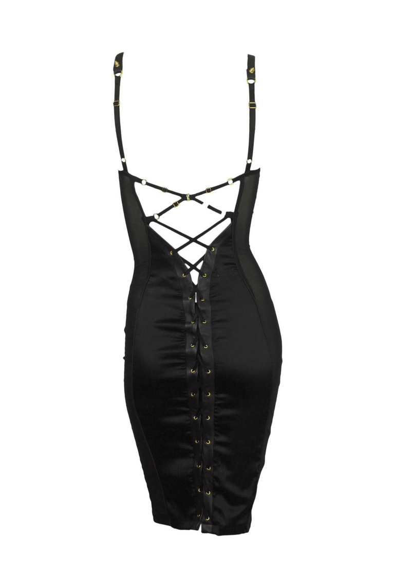 Lola 'n' Leather Silk Satin and Leather Convertible Strap corset back Contour Dress, 1950's vintage corselette shapewear inspired