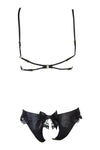 Laserprinted latex lace ouvert bra and ouvert knickers set with goddess harness and mask