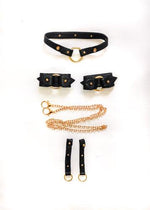 studded leather choker with gold studs with matching leather cuffs and gold plated chain