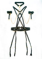 leather harness, leather collar, leather cuffs and gold chain, bondage set, bondage style lingerie