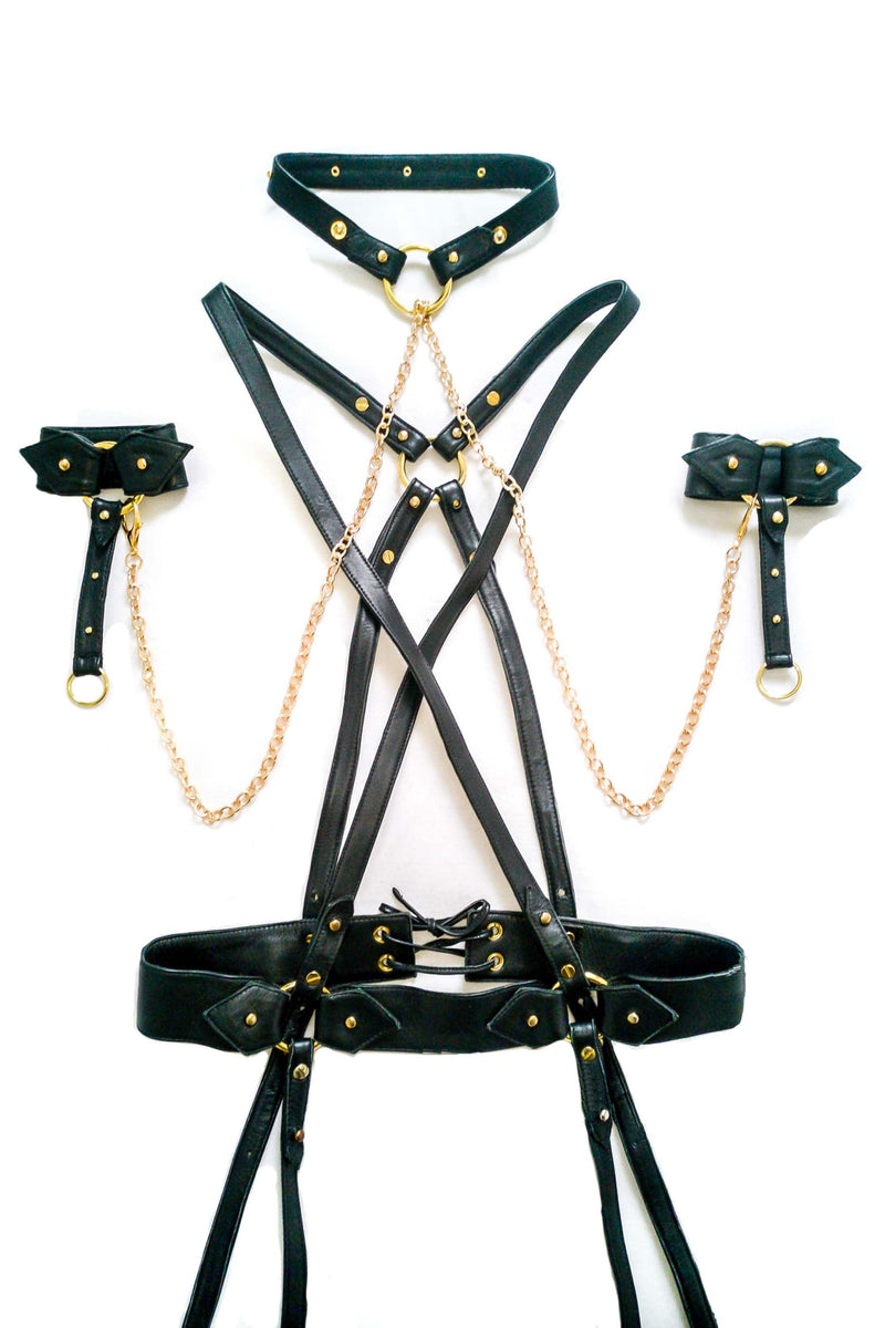 leather harness, leather collar, leather cuffs and gold chain, bondage set, bondage style lingerie