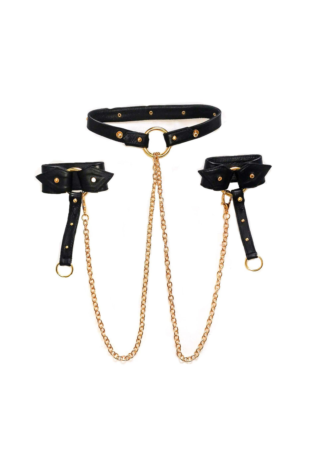 studded leather choker with gold studs with matching leather cuffs and gold plated chain